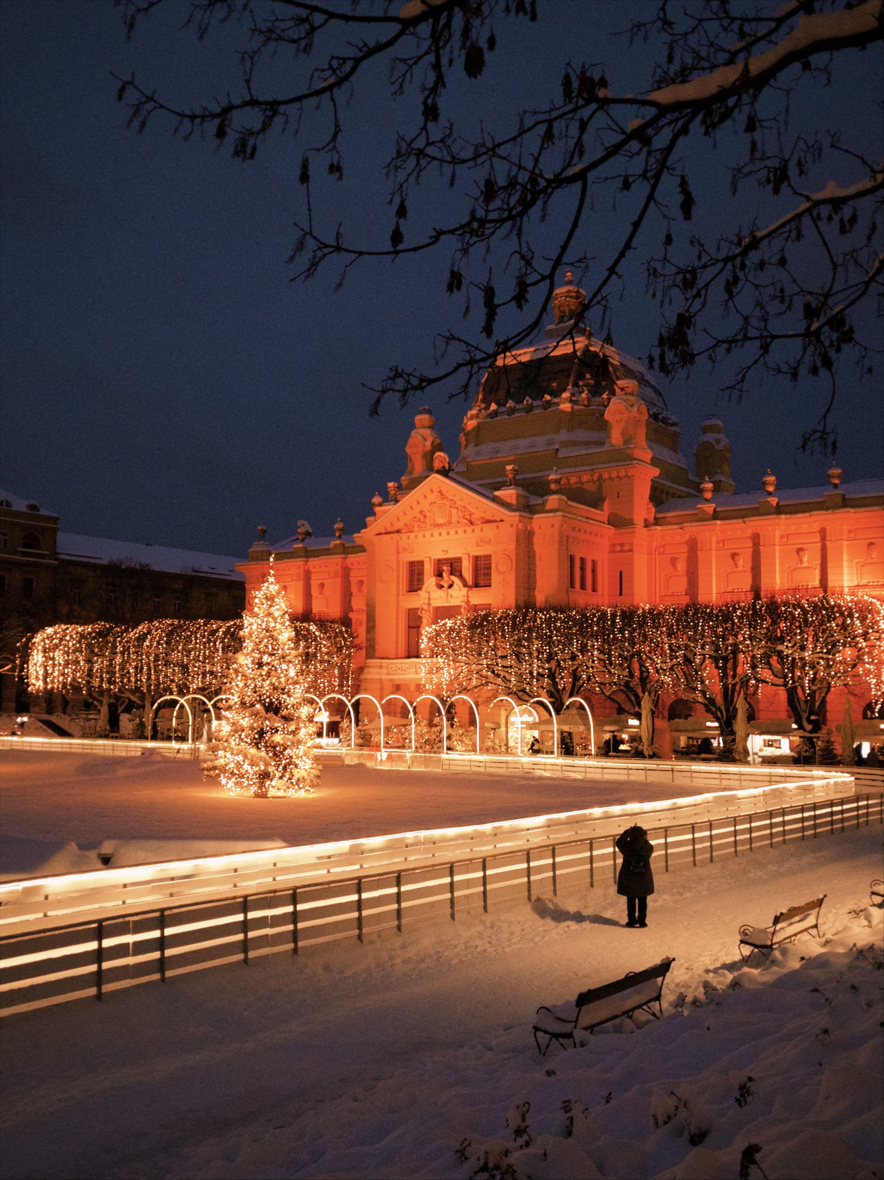 Lanterns, snow, and market stalls